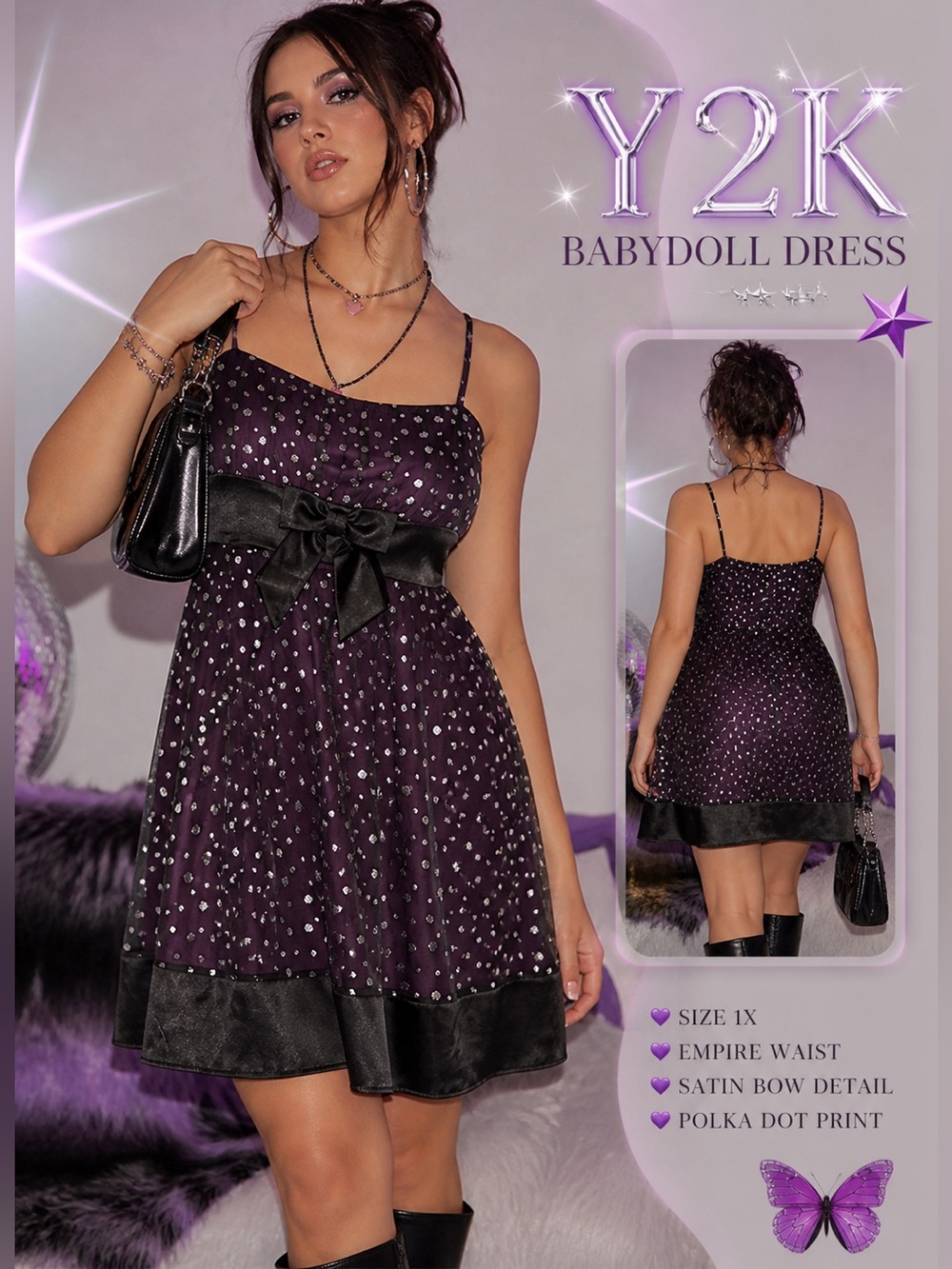 Y2K Taboo Purple Babydoll Dress with Silver Glitter Polka Dots Black Satin Bow